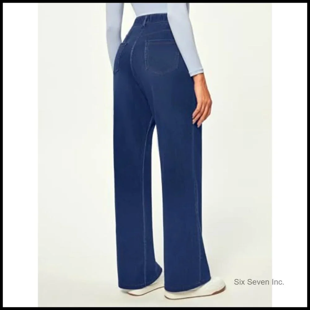 Wide Leg Pull On Jeans High Waisted Stretchy Denim Casual Baggy Straight Fit